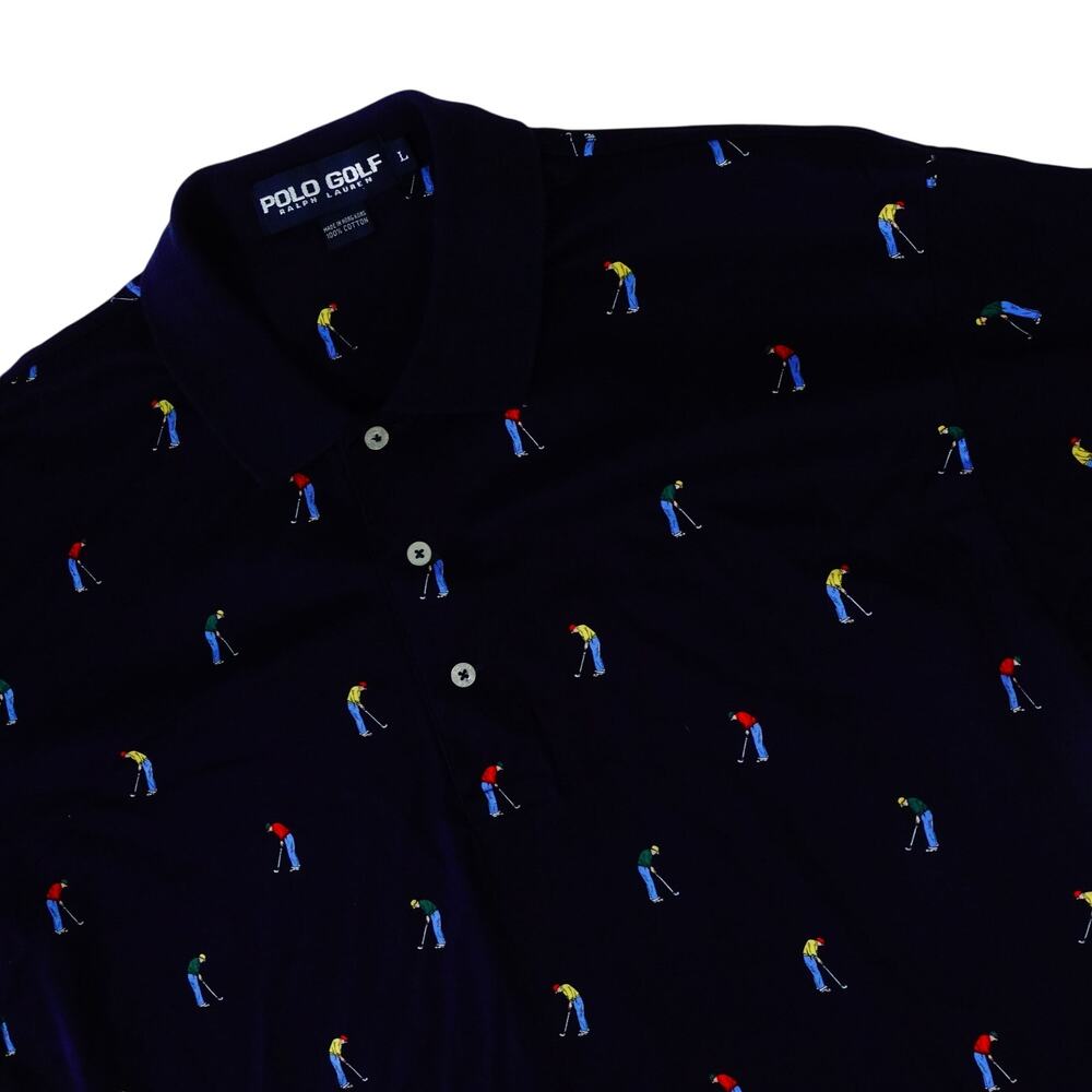 Ralph Lauren Vintage Hong Kong 90s Golfer Geometric Print Golf Polo Shirt Large